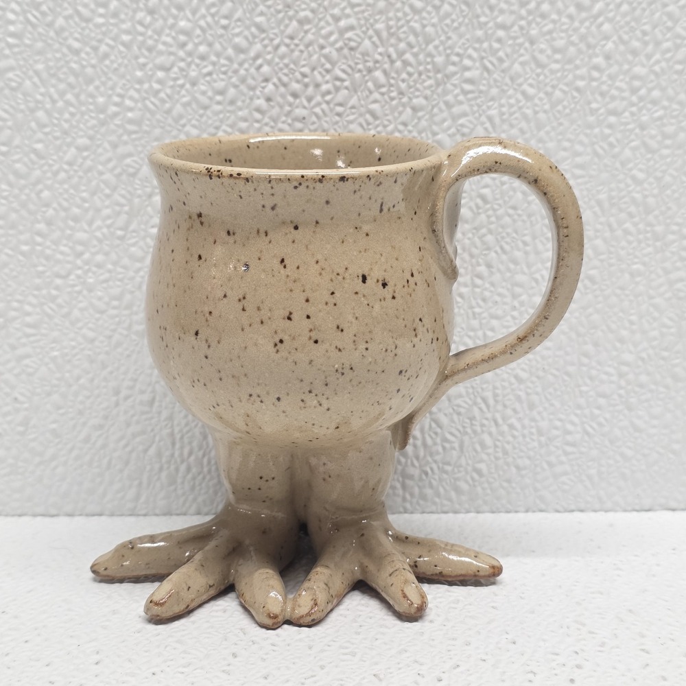 Whimsical Bird Foot Tail Brown Tan Stoneware Mug Pottery